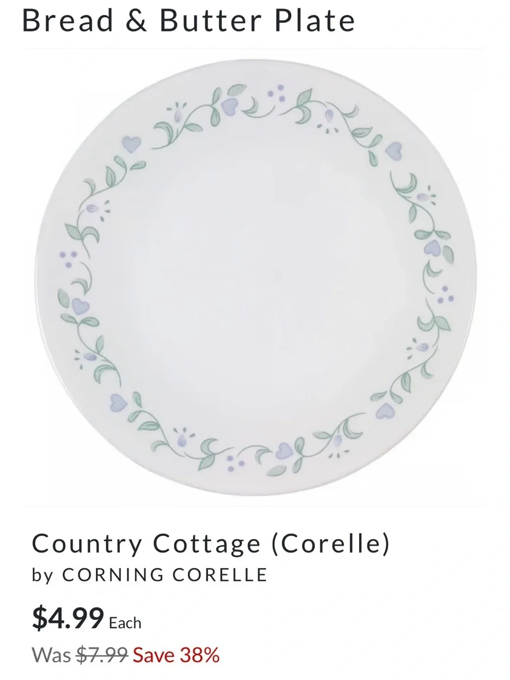 Corelle Country Cottage Plates set 8 appetizer dessert salad 6.75” hearts vines